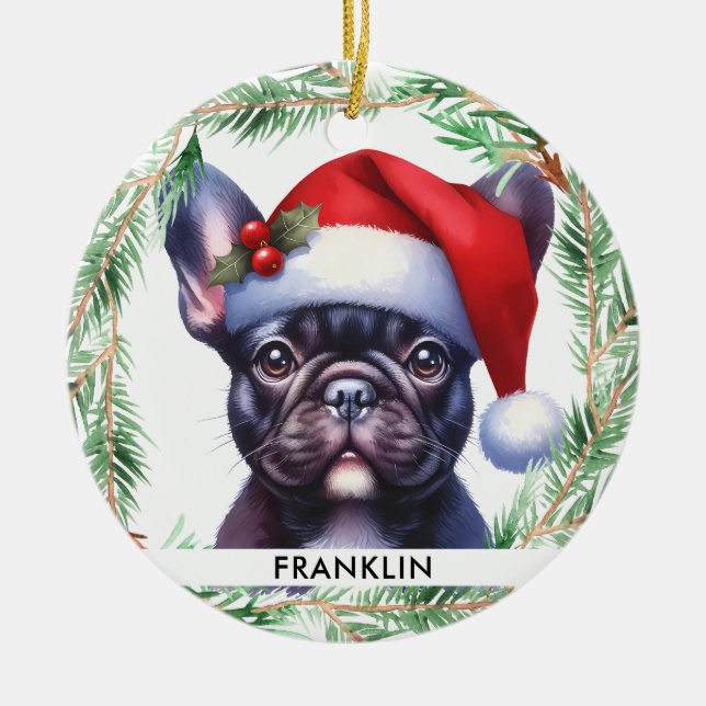 Cute French Bulldog Christmas Personalised Pet Dog Ceramic Ornament (Front)