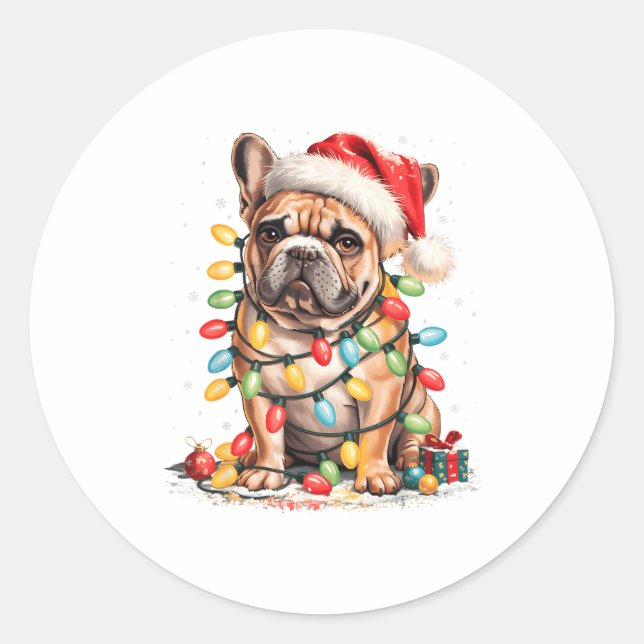 Cute French Bulldog Christmas Tree Santa Xmas Ligh Classic Round Sticker (Front)