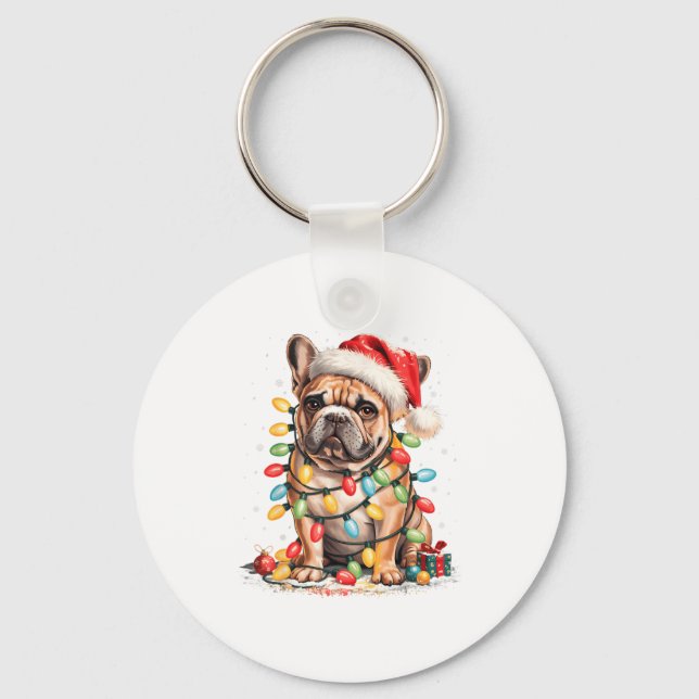 Cute French Bulldog Christmas Tree Santa Xmas Ligh Key Ring (Front)