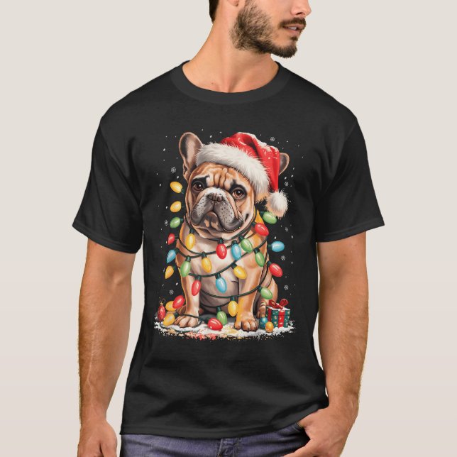 Cute French Bulldog Christmas Tree Santa Xmas Ligh T-Shirt (Front)