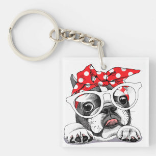 Cute French Bulldog Colourful Headband And Glasses Key Ring