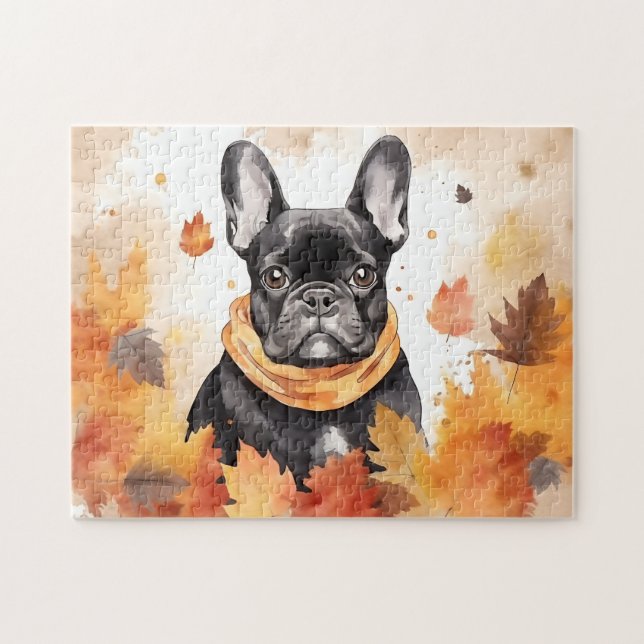 Cute French Bulldog Dog/Autumn/Fall Jigsaw Puzzle (Horizontal)