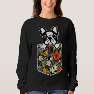 Cute French Bulldog Dog In Hawaiian Flower Pocket  Sweatshirt