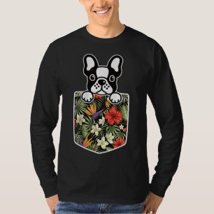 Cute French Bulldog Dog In Hawaiian Flower Pocket T-Shirt