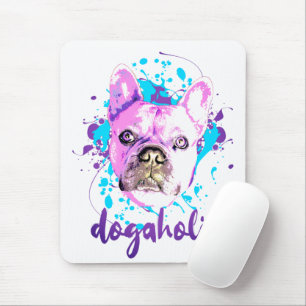 Cute French Bulldog Face Pink Blue Dogaholic Mouse Pad