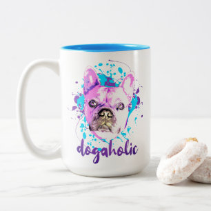 Cute French Bulldog Face Pink Blue Dogaholic Two-Tone Coffee Mug