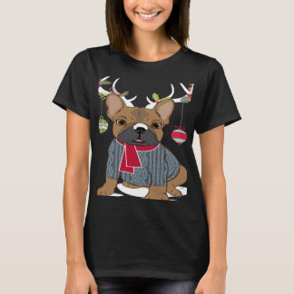 Cute French Bulldog Frenchie Christmas Reindeer T-Shirt
