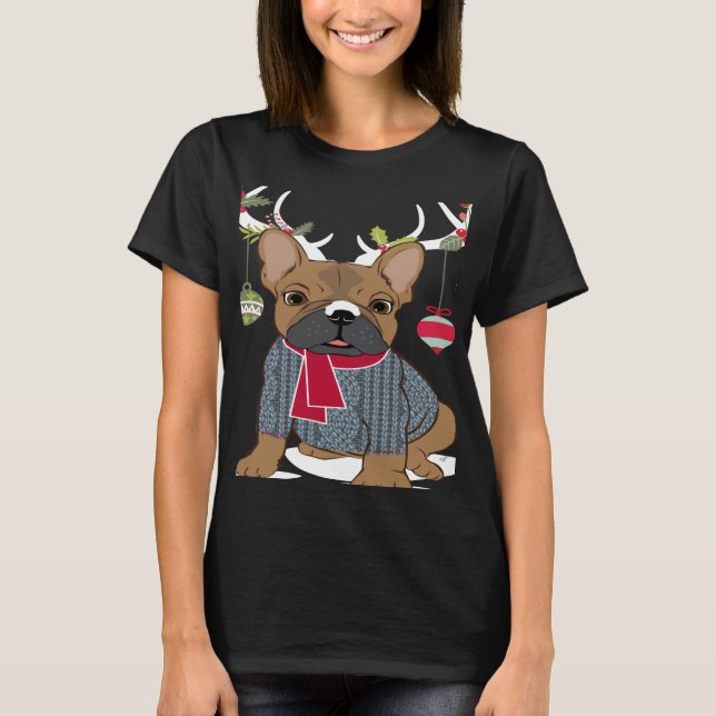 Cute French Bulldog Frenchie Christmas Reindeer T-Shirt (Front)