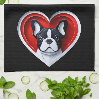 Cute French Bulldog Frenchie in Red Heart Tea Towel