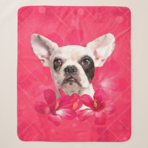 Cute French Bulldog - Frenchie puppy with Flowers Sherpa Blanket