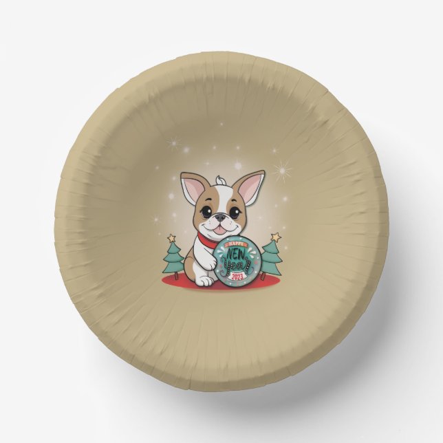 Cute French Bulldog Funny New Year's Eve Party Paper Plate (Front)