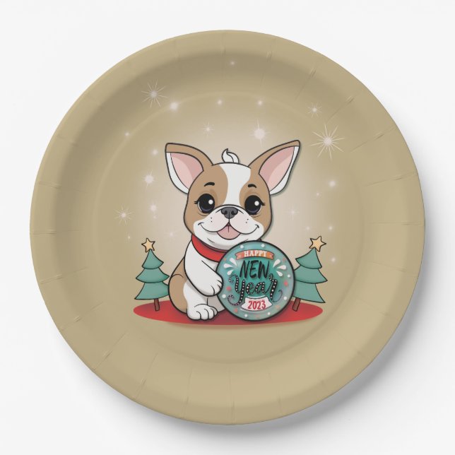 Cute French Bulldog Funny New Year's Eve Party Paper Plate (Front)