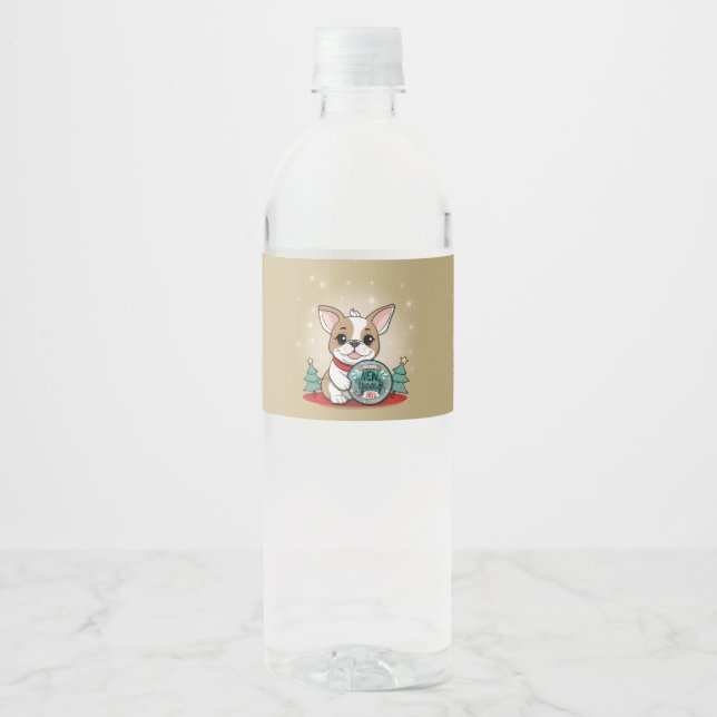 Cute French Bulldog Funny New Year's Eve Party Water Bottle Label (Front)