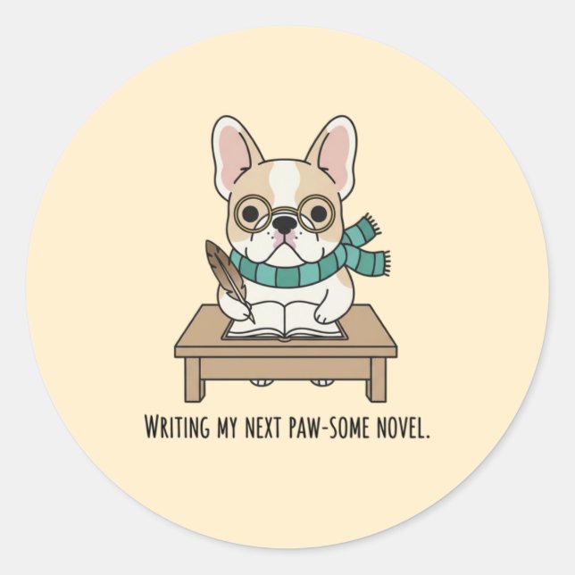Cute French Bulldog Glasses Writing Doodle Art Classic Round Sticker (Front)