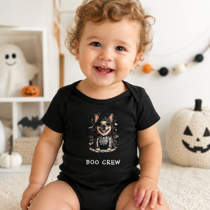 Cute French Bulldog Halloween Skeleton Boo Crew Baby Bodysuit