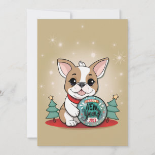 Cute French Bulldog Happy New Year Whishes Holiday Card