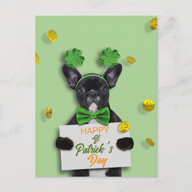 Cute French Bulldog Happy St. Patrick’s Day Clover Postcard (Front)