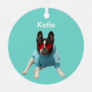Cute French Bulldog Hearts Teal 4Kate Ornament
