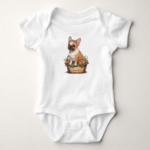 Cute French Bulldog in a basket with flowers crown Baby Bodysuit