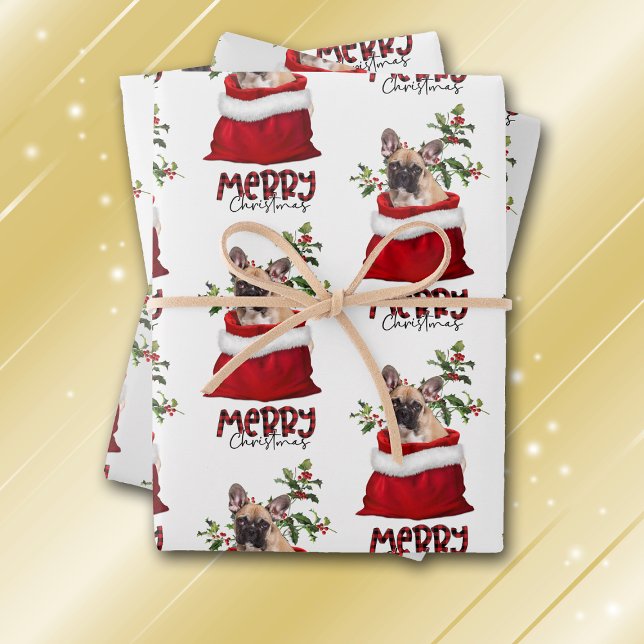 Cute French Bulldog in Holiday Gift Bag Wrapping Paper Sheet (Creator Uploaded)