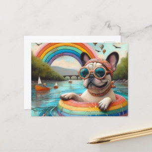 Cute French Bulldog on a Rainbow Colour Float Postcard
