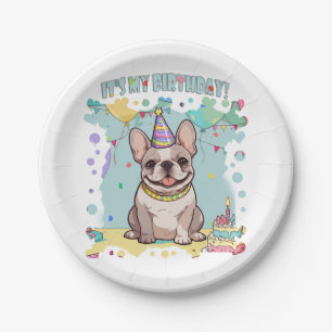 Cute French Bulldog Pastel It's my Birthday Paper Plate