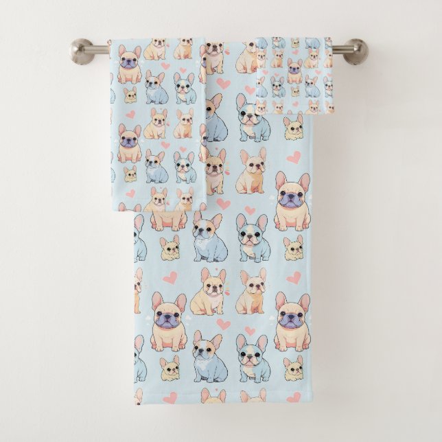 Cute French Bulldog Pastel Pattern Bath Towel Set (Insitu)