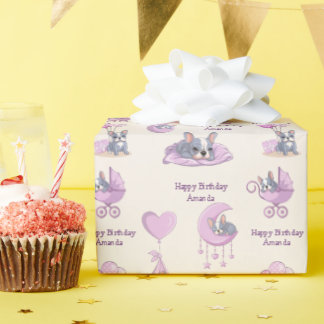 Cute French Bulldog Pink Baby Girl Birthday Wrapping Paper