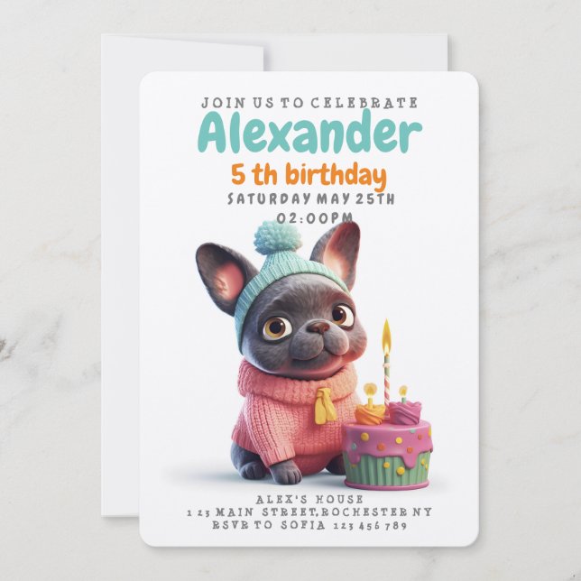 Cute French bulldog, pink dress, birthday cake Invitation (Front)