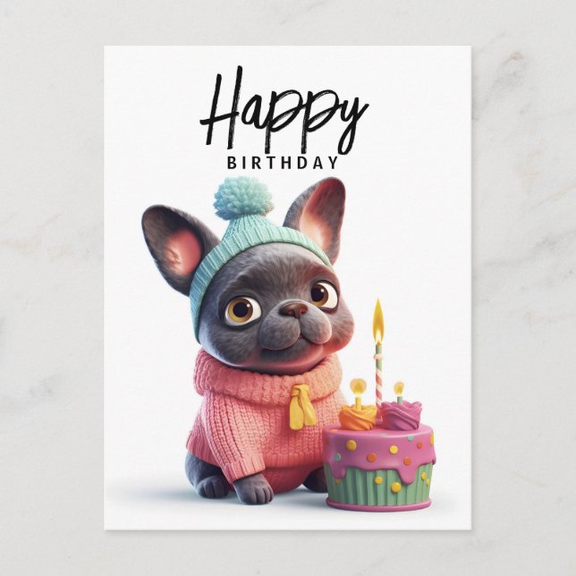 Cute French bulldog, pink dress, birthday cake Postcard (Front)