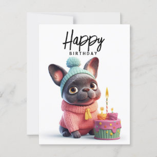 Cute French bulldog, pink dress, birthday cake Postcard