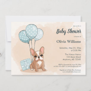 Cute French Bulldog Pup Blue ballons Baby Shower Invitation