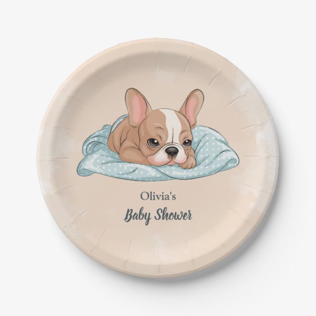 Cute French Bulldog Pup Blue Blanket Baby Shower Paper Plate (Front)