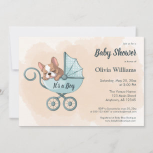 Cute French Bulldog Pup Blue Stroller Baby Shower Invitation