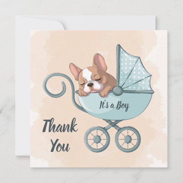 Cute French Bulldog Pup Blue Stroller Baby Shower Thank You Card (Front)