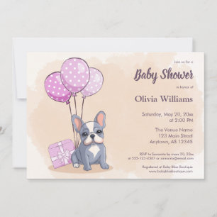 Cute French Bulldog Pup Pink ballons Baby Shower Invitation