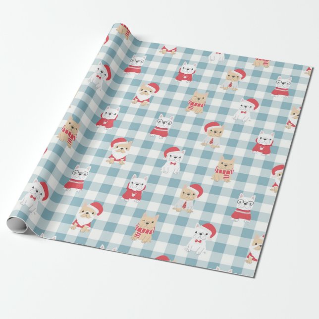 Cute French Bulldog Puppies Christmas Pattern Wrapping Paper (Unrolled)