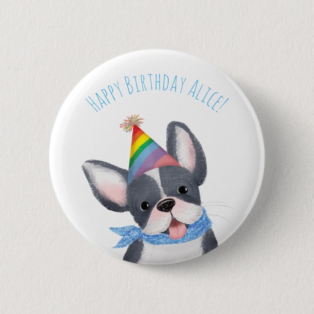 Cute French bulldog puppy birthday badge (Front)