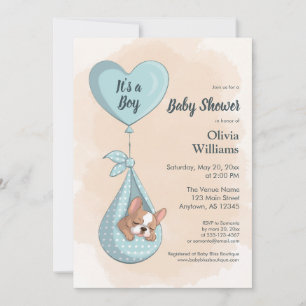 Cute French Bulldog Puppy Blue Heart Baby Shower Invitation
