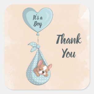 Cute French Bulldog Puppy Blue Heart Baby Shower Square Sticker