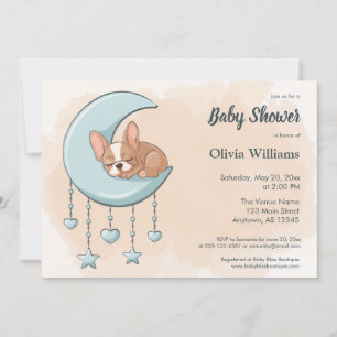 Cute French Bulldog Puppy Blue Moon Baby Shower Invitation