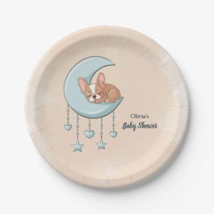 Cute French Bulldog Puppy Blue Moon Baby Shower Paper Plate