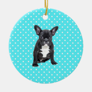 Cute French Bulldog Puppy Blue Polka Dots Ceramic Ornament