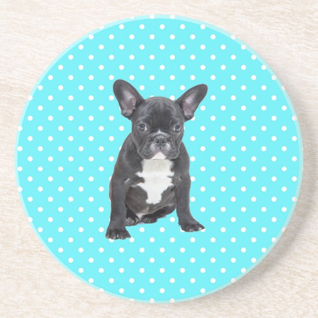 Cute French Bulldog Puppy Blue Polka Dots Coaster (Front)
