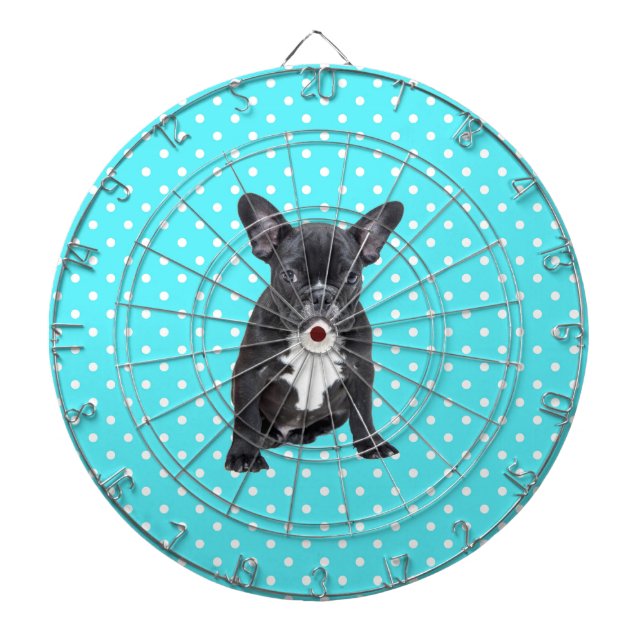 Cute French Bulldog Puppy Blue Polka Dots Dartboard (Front)