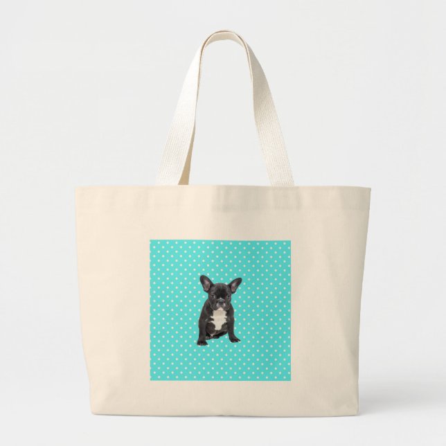 Cute French Bulldog Puppy Blue Polka Dots Large Tote Bag (Front)