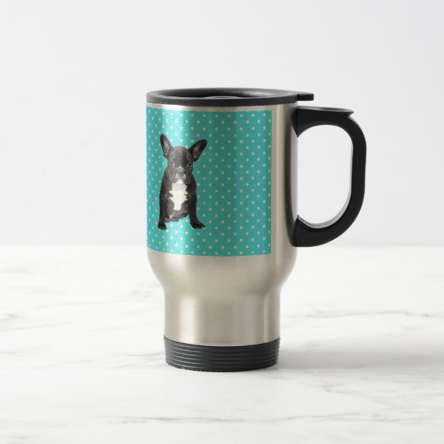 Cute French Bulldog Puppy Blue Polka Dots Travel Mug (Right)