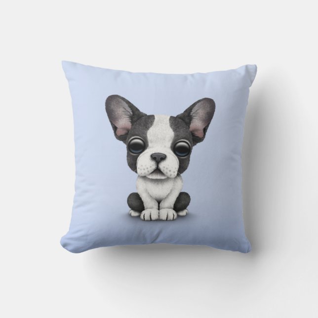 Cute French Bulldog Puppy Dog on Light Blue Cushion (Front)