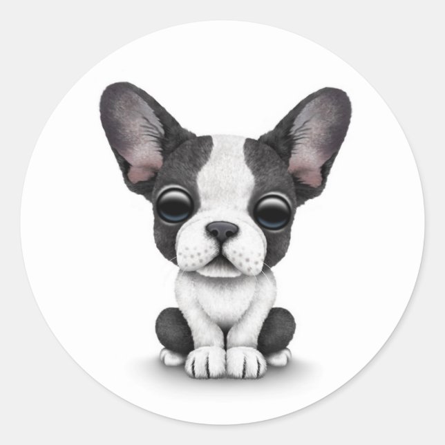 Cute French Bulldog Puppy Dog on White Classic Round Sticker (Front)