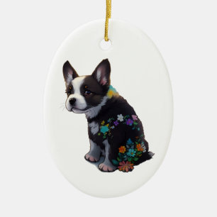 Cute French Bulldog Puppy Flowers Ceramic Ornament
